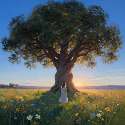 closeup, tree of life, girl walking in field of flowers, surreal photography, sunrise, blue sky, dramatic light, impressionist painting, digital painting, artstation, simon stalenhag