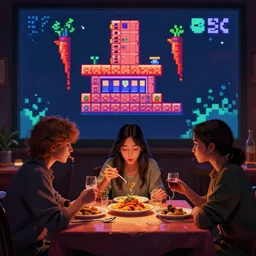 rodeado girl eating dinner gameplay still frame, 4 colors, pixel art, retro, splash screen, level design, high contrast, background, deep focus, highly detailed, dramatic lighting, digital painting, artstation, concept art, matte, greg rutkowski, moebius, illustration.