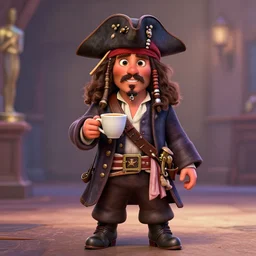 portrait of the pirate blackbeard holding a cup of coffee, full body. pixar disney 4 k 3 d render funny animation movie oscar winning trending on artstation and behance. ratatouille style.