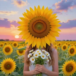 giant sunflower head, portrait of girl in flower field, holding daisies, surreal photography, sunrise, impressionist painting, colorful clouds, digital painting, artstation, simon stalenhag, flower face