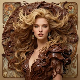 song of the hurricane, detailed blonde beauty portrait, chocolate, wax, billowing, opulent swirling hair, swirling seaweed, iridescent jewellery, organic background, art by wlop, peter morebacher, greg rutkowski, craig mullins, ruan jia, thomas kinkade, victor ngai, ernst haeckel, alphonse mucha, unreal engine, blender, octane, ray