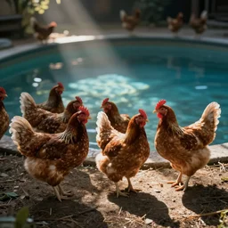 chickens are sitting by the pool, photograph