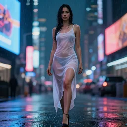 hyperdetailed, rule of thirds, cinematic portrait with a 4 0 0 mm lens and bokeh under the dim lights of screens with colorful advertising at a lone realistic sexy model, face with artgram, anatomically real woman, wearing a sheer, wet, see through white dress, soaked in the rain, high heels, volumetric lighting, blade runner aesthetic