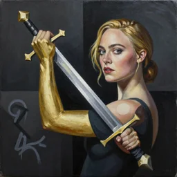Elle Fanning with an arm of gold holding a sword picture by Sachin Teng, asymmetrical, dark vibes, Realistic Painting , Organic painting, Matte Painting, geometric shapes, hard edges, graffiti, street art:2 by Sachin Teng:4