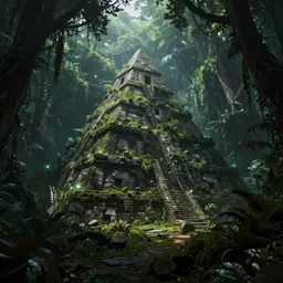 pyramid deep in an overgrown jungle::2 ruins, overgrown, dark jungle, limestone, mystical lights, octane render, cinematic lighting, epic, style of John Howe, Tolkien