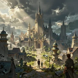 craig mullins and james gurney and artstation digital concept art of final fantasy town, cinematic composition, very wide shot