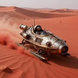 steampunk hovercraft going at high speed across a red desert, trailing red sand, greg rutkowski, 8 k, shallow depth of field, intricate detail, concept art,