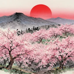 japanese ink painting of a blooming cherry blossom forest with mountains in the background and a deep red sun, highly detailed, vivid colors, cinematic lighting, 8 k, trending on artstation