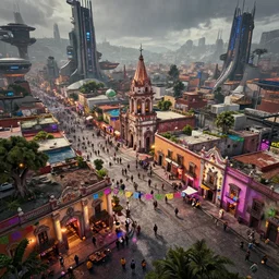 cinematic titled angled view action shot clean concept art of a postapocalyptic futuristic small mexican town cobbled kiosko central town square, kacper niepokolczycki and studio ghibly and pixar, blade runner 2 0 2 9 guanajuato alleys, hanging mexican dia de muertos paper decorations, futuristic colonial city architecture, crowded, angled shot, environmental lighting, stromy weather, ray tracing, amazing view, highly detailed, neon shops, octane render, unreal engine 5, 4 k