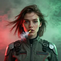 symmetry!!! closeup portrait of a cyborg vape girl, fashion mechanic jumpsuit with shiny shoulder pads, cinematic light, windy, red green, volumetric smoke, mist, by gerald brom, by mikhail vrubel, by peter elson, muted colors, extreme detail, trending on artstation, 8 k