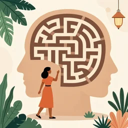 a scene of a woman navigating a giant maze shaped like human head, at the left edge of the frame we see leafy foliage and exotic plants. flat, illustration style, algeria style.