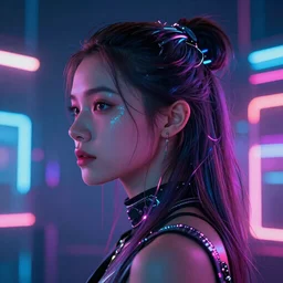A profile portrait of a woman,cyberpunk,neon colors,neon background, f1.8, 50mm, vibrant light leaks,high detailed, intricate detail,high contrast, hyper realism 8k,trending on artstation.