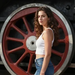 a woman next to a steam engine wheel