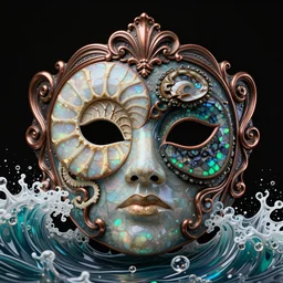 mask, Art Nouveau cresting oil slick waves, hyperdetailed bubbles in a shiny iridescent oil slick wave, ammolite, dinosaur bone, detailed giant opalized ammonite shell, black opal, abalone, paua shell, ornate copper patina medieval ornament, rococo, organic rippling spirals, octane render, 8k 3D, druzy geode, cresting waves and seafoam, mask