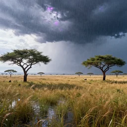 distant cyberpunk wildlife on the african plains, long grass, acacia trees, sparkling water, glistening, dramatic clouds, heavy rain, extreme weather, hyper realistic, hyper detailed, digital art, trending in artstation, cinematic lighting, vibrant, studio quality, smooth render, unreal engine 5 rendered, octane rendered, by jesper ejsing, paul lehr