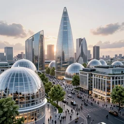 futuristic london with white glass domes, tress, crowded places, sunrise, great glass buildings, shops, hotels, concept city art, detailed, hq, hyperdetailed, artstation, cgsociety, 8 k