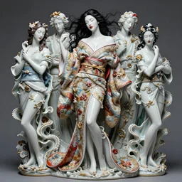 high intricate porcelain baroque gorgeous gheisa woman full body pose very white skin dark hair flowing red lips, full body, kimono, sensual, 8 k, hyperrealistic hyperdetailed maria panfilova, andrea savchenko, mike kime, ludovic plouffe, qi sheng luo, oliver cook, trending on artstation