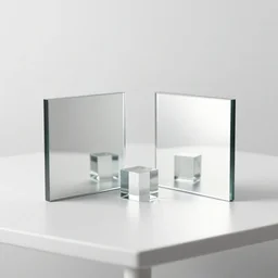 a small glass cube standing between two square mirrors standing parallel to each other refracting each other recursively on a table in a white empty room, octane render 8 k, 4 k