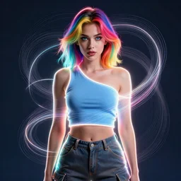 a award winning portrait of a beautiful woman with stunning eyes in a one off shoulder croptop and cargo pants with rainbow colored hair, outlined by whirling illuminated neon lines and fine lines swirling in circles by joe fenton, digital art, trending on artstation