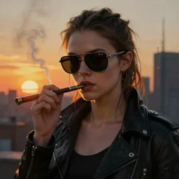 portrait of a young mila kunis as a tough cyberpunk assassin smoking a blunt, sunglasses implanted, dramatic light, city background, sunset, high contrast, sharp, painted by stanley lau, golden hour, painted by greg rutkowski, painted by stanley artgerm, digital art, trending on artstation