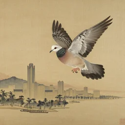 A spotted dove flying, with the skyline of Lujiazui as background, Qing dynasty painting