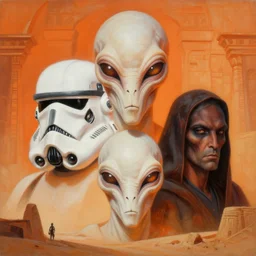 Star Wars alien faces, the dark side, cinematography, Betty Jiang Alphonse Mucha, orange and white, orange light, desert temple, by jeremy mann painting, ultra detailed, hyper realistic, craig Mullins, Krenz Cushart, Star Wars alien faces, the dark side, emmanuel lubezki cinematography, orange and un white, orange light, desert temple, by jeremy mann painting, ultra detailed, hyper real, Nekro III, Nekro Borja