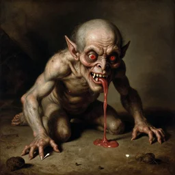 un monstre horrible et fou degueulasse avec une peau sale et seche petits yeux rouges dents tres longues demon sang sur les levres by bosch and caravaggio and reubens and cronenberg
