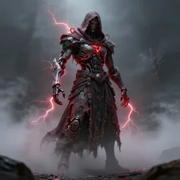 character design, biomechanical arcanist, tattered robe and hood, red lightning, fog, scary, arrogant, hostile, photorealistic, cinematic, hyper realistic, octane render, 8 k, wide angle