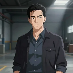 Digital state-sponsored anime art of Ben Shapiro by A-1 studios, serious expression, empty warehouse background, highly detailed, spotlight