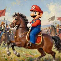 Realistic Wario oil painting riding a horse into battle and dressed like napoleon
