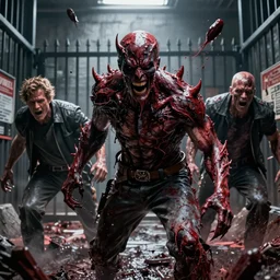 evil terrifying carnage from Marvel comics:: middle shot:: scary, horror:: realistic character concept:: prison:: comic book, artstation, cinematic lighting, hyperdetailed, cgsociety, 8k, high resolution:: Tom Bagshaw, Joshua Middleton, Rafeal Albuquerque comic:: insanely detailed and intricate