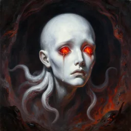 painting by greg rutkowski of a flying sorrowful looking human head with tears running down it's eyes, face that is chalk white in color, with long sprawling white tentacles stemming down it's neck, fiery scorching red eyes, flying in a terrying hellish dark cavernous place