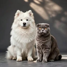 a samoyed and a scottish fold sitting next to each other