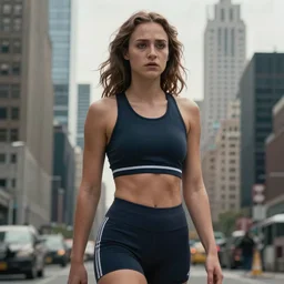 Brie Larson wearing sports attire that hugs her figure tightly, nyc backround, highly detailed, wide shot, intricate, fearful, mystical, sharp focus, Trending on Artstation HQ, deviantart, unreal engine 5, 4K UHD image