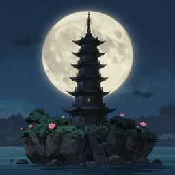 a wholesome animation key shot wizard's tower on an island silhoutted against large moon at night by studio ghibli, animation, sharp, rendered in unreal engine 5, focused, anime key art by greg rutkowski, bloom, dramatic lighting