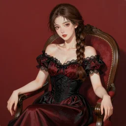 beautiful woman with braided brown hair, wearing an elegant dress, sitting in a chair, highly detailed, painting, red and black color palette, intricate, high quality anime artstyle