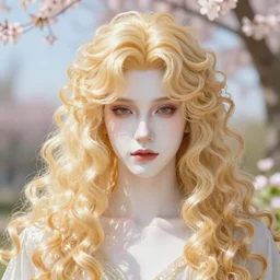 Portrait of an androgynous blond prince in a beautiful world, pale milky white skin and long fluffy curly blond hair, symmetrically center parted curtain bangs, intricate, elegant, fantasy, highly detailed, digital painting, concept art, Junji Ito, sharp focus, illustration, beautiful volumetric lighting, epic light, artstation, magic hour lighting, colorful, sunshine, springtime, art by Sylvain Sarrailh