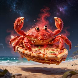 a layered pizza dream boat floating in the cubic space of cosmic terror, cinematic, hyper realism, high detail, octane render, unreal engine, 8 k, illumination ray tracing hdr, blobfish made of pizza on the beach, ( crab ) covered in pizza with red mist coming out the pizza, by petros afshar and chiho aoshima