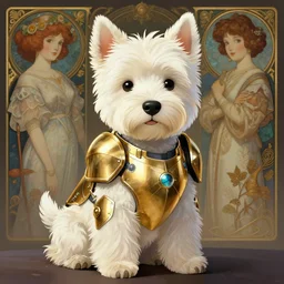 a west highland white terrier sitting politely, anime art style, wearing futuristic, golden armor, portrait, high detail, sharp focus, digital painting, artstation, concept art, art by hayao miyazaki and artgerm and greg rutkowski and alphonse mucha.