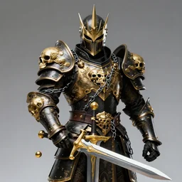 lich king wearing black and gold armor with skulls and chains, holding a two handed sword with golden handle, wearing spiky helmet with mask
