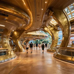 people walking through the hallway on the atlantis paradise, a retro futuristic spaceship made of brass bronze gold, art deco influence, hotel style design. bioshock, starship titanic. clean, well composed painting by artgerm and greg rutkowski
