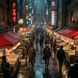a one-point-perspective bustling sci-fi tokyo night-market full of mysterious characters, art nouveau, red-lights, raining, Janusz Kamiński cinematography