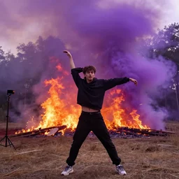 a young influencer dances in front of a huge forest fire, purple smoke, webcam
