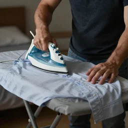 a man ironing his collar shirt, placed on a bed, photography, award winning, hyper detailed, dim lighting, high quality, sharp focus, smooth