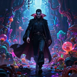 Vampire traveling through a beautiful psychedelic world Yasushi Nirasawa Moebius HR Giger Style, 8K, octane render, HDR, volumetric lighting
