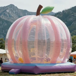 huge transparent jell adult bouncy castle form in strange fantastic big fruits in material like a big jell puffer with seams, in the rocky mountains, style by anish kapoor, parts by shih chieh huang, film still from the movie directed by denis villeneuve with art direction by zdzisław beksinski, close up, telephoto lens