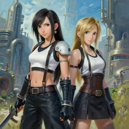 a painting of tifa lockhart and aerith gainsborough from final fantasy 7, dressed up as in the final fantasy remake, the midgard steam punk city as backdrop, by greg rutkowski, artgerm, wlop, ruan jia, krenz cushart, alphonse mucha, rain, unreal engine 5