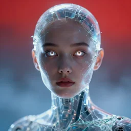 closeup portrait of a transparent cyborg beautiful girl android, shattered glass, glowing iris, cinematic light, backlight glow, red sky blue, mist, by mikhail vrubel, by philippe druillet, by peter elson, by gerald brom, muted colors, ( ( extreme detail ) ), trending on artstation, 8 k