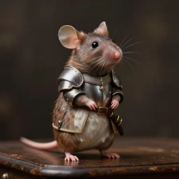a mouse dressed as a knight standing upon a table realistic detailed