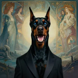 realistic detailed portrait movie shot of a snarling doberman wearing an elegant blazer, sci fi landscape background by denis villeneuve, amano, yves tanguy, alphonse mucha, ernst haeckel, max ernst, roger dean, masterpiece, rich cold moody colours, dog teeth, blue eyes